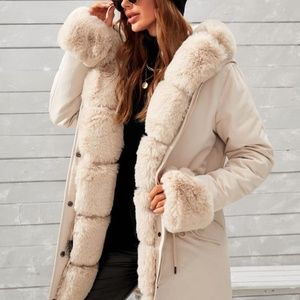 Drawstring Waist Parka Coat & Removable Fuzzy Collar